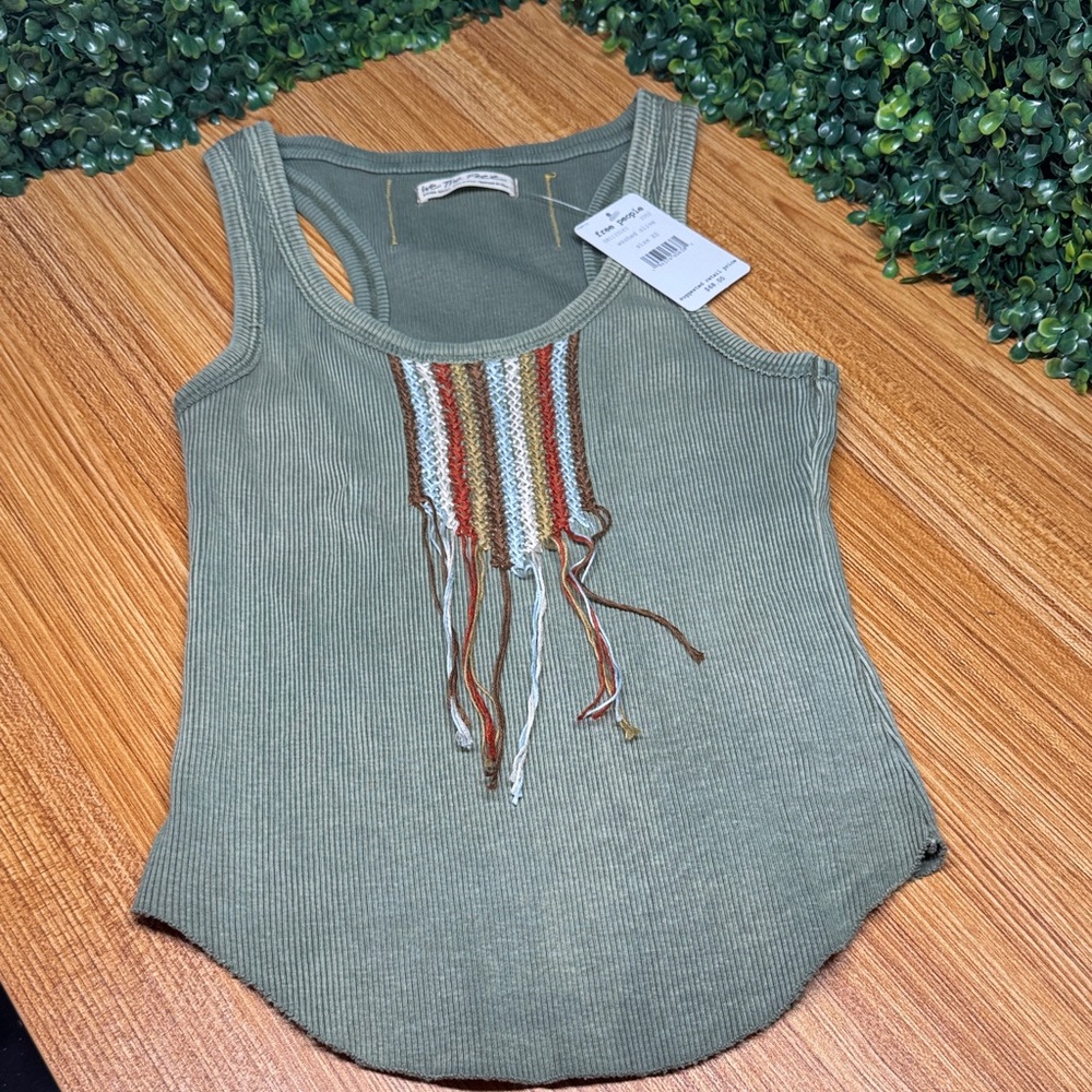 Free People Green Tank with Colorful Embroidery